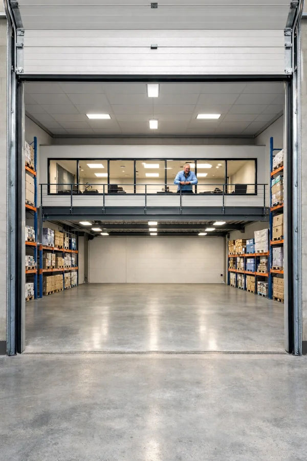 Visualisierung einer Gewerbeeinheit mit Werkstatt, Lagerfläche und Büroempore in der Nordwald WerkStadt